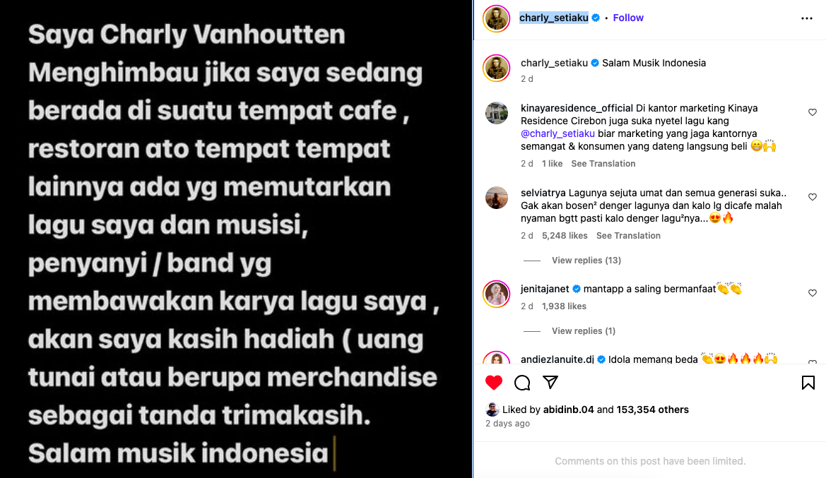 Charly bebaskan lagunya diputar di cafe