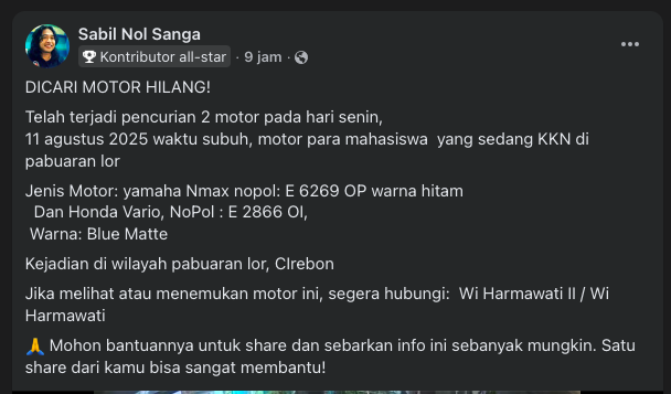 2 Motor Mahasiswa KKN di Pabuaran Lor Hilang, Diduga Dicuri Saat Subuh