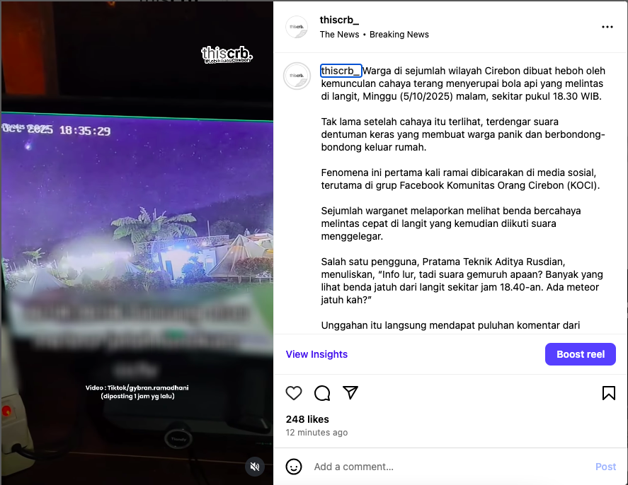 Warga Cirebon Heboh! Cahaya Mirip Meteor Disertai Suara Dentuman