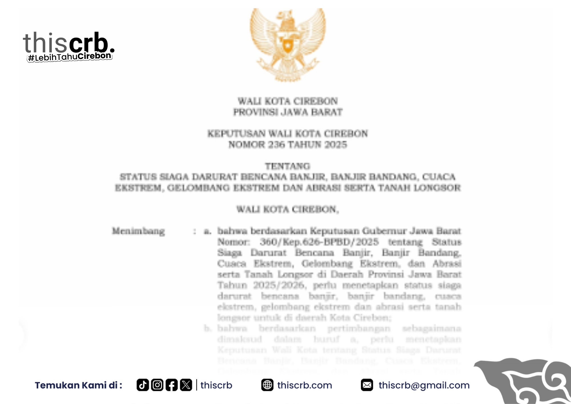 Pemkot Cirebon Tetapkan Status Siaga Darurat Bencana, Warga Diminta Waspada Hingga April 2026