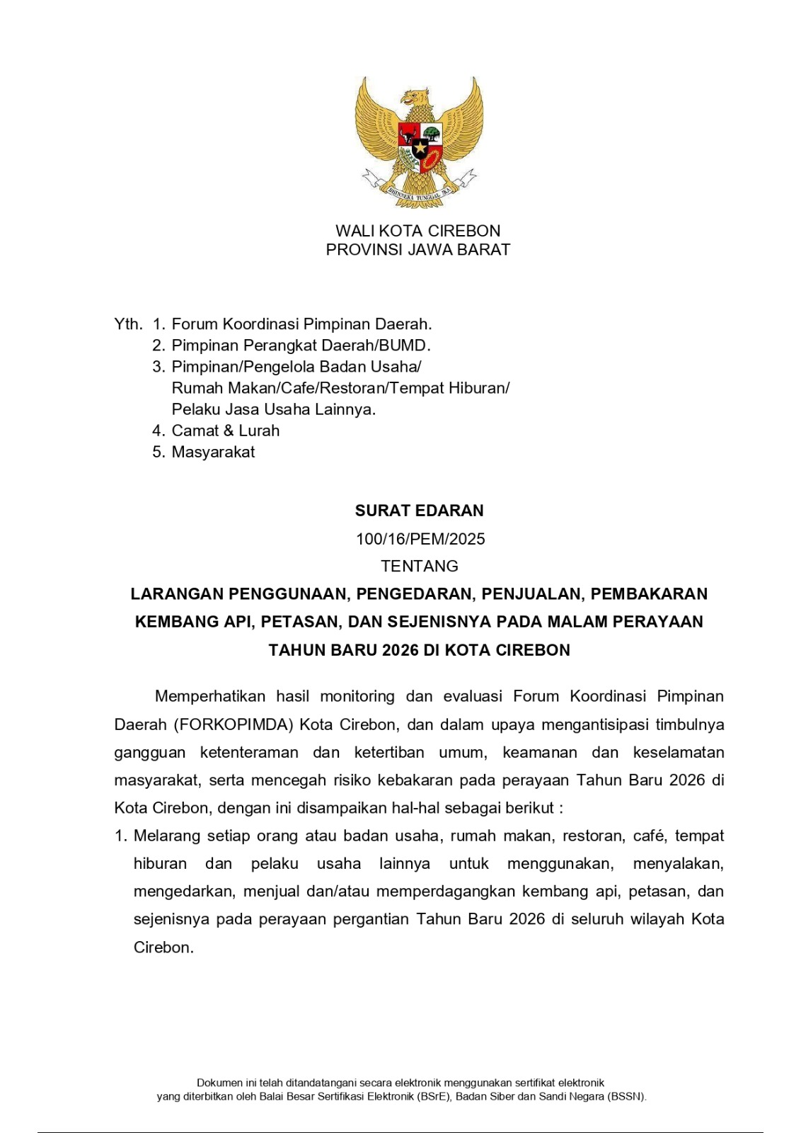 Pemkot Cirebon Larang Penggunaan dan Penjualan Kembang Api Saat Tahun Baru 2026